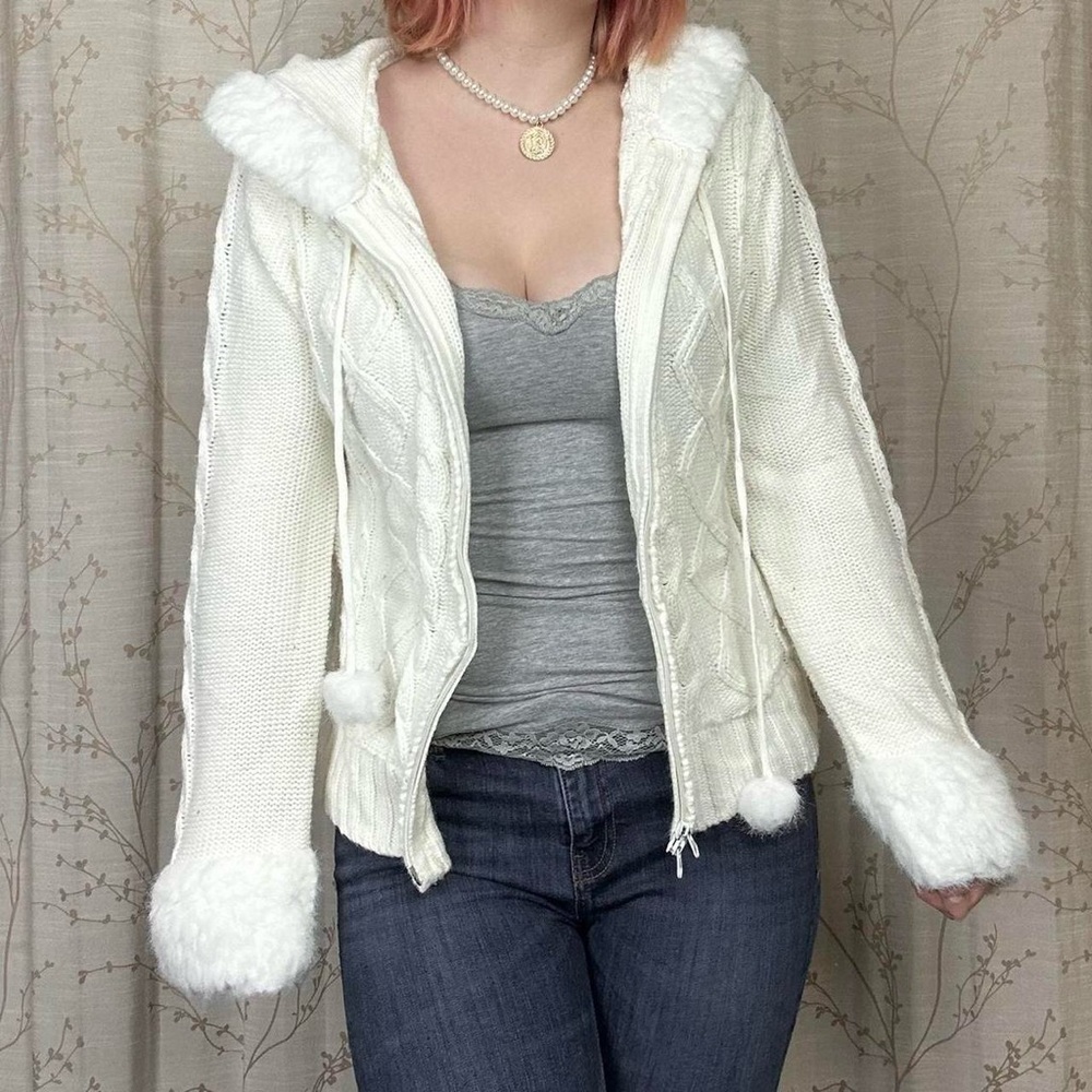 Fur trim White Hooded Sweater